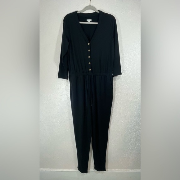 Garnet Hill Black Traverse Knit Jumpsuit Black Women’s Small Pockets Drawstring - Picture 2 of 13
